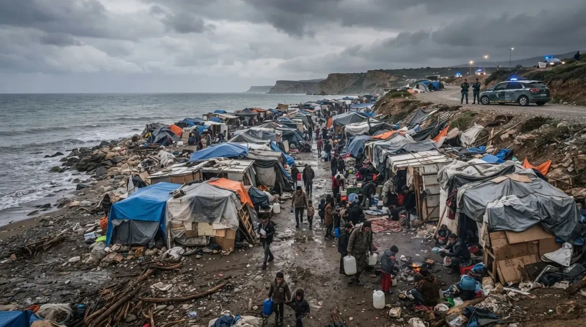 Imagen documental de campamentos provisionales y el impacto social en la costa de Ceuta.