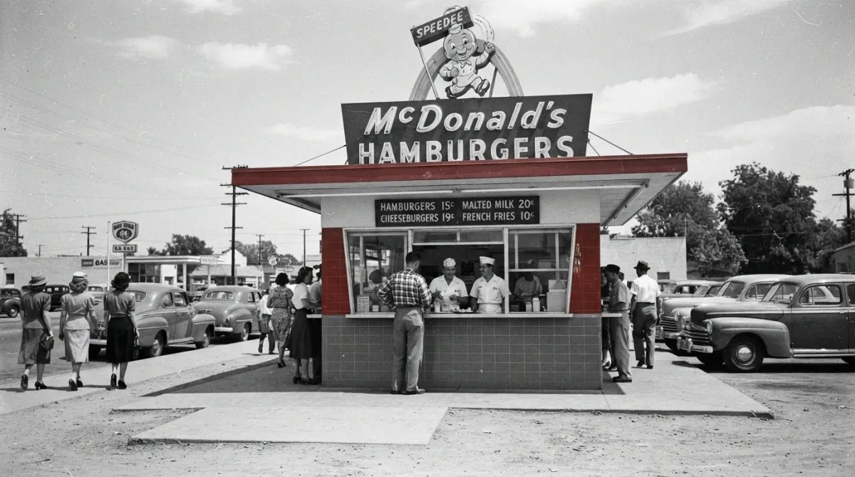 Fotografía histórica en blanco de 1948 del primer restaurante McDonald's en San Bernardino, California, mostrando sus orígenes.