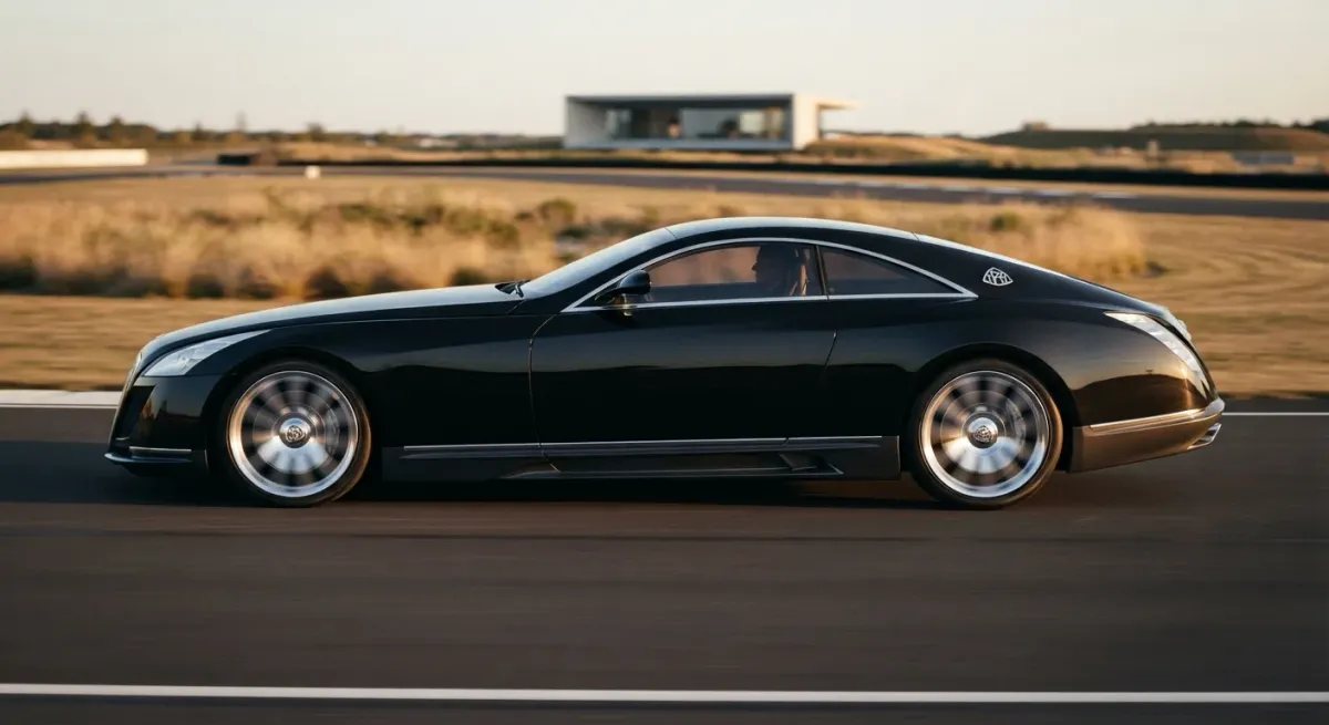 Vista lateral completa del Mercedes-Benz Maybach Exelero en movimiento, resaltando su larguísima silueta y diseño de cupé de lujo extremo.