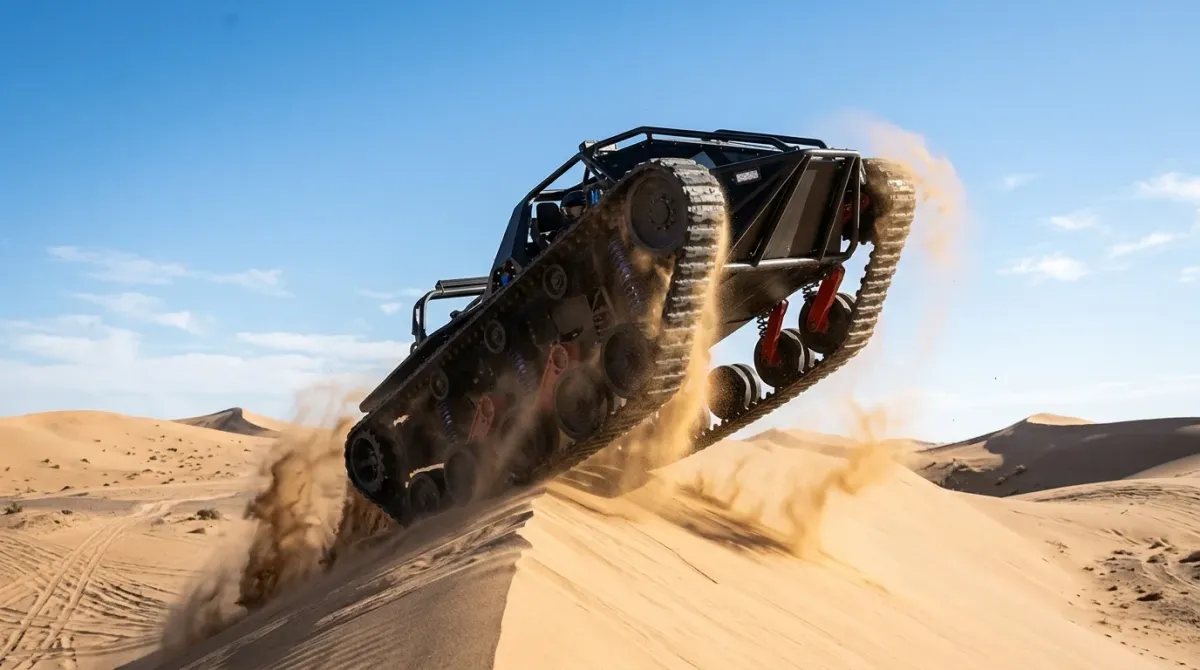 Fotografía dinámica desde ángulo bajo del Ripsaw EV3-F1 negro mate saltando por el aire sobre una duna de arena en el desierto, levantando una nube de polvo con sus orugas de caucho bajo un cielo azul brillante.