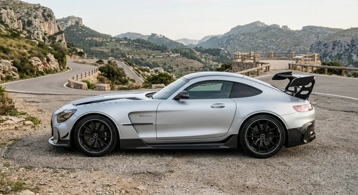 Perfil del Mercedes-AMG GT Black Series junto a una carretera de montaña, con capó largo y techo de carbono.