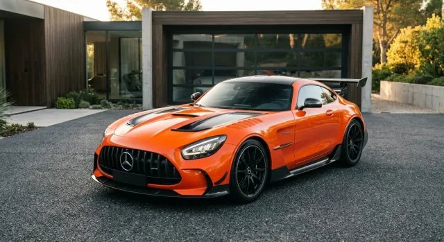Mercedes-AMG GT Black Series naranja Magma Beam frente a un garaje privado, visto de tres cuartos delanteros.