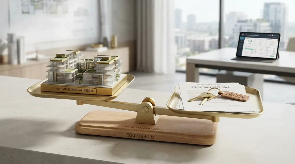 Balanza conceptual que ilustra la rotación inmobiliaria entre la venta y la optimización de activos en alquiler.