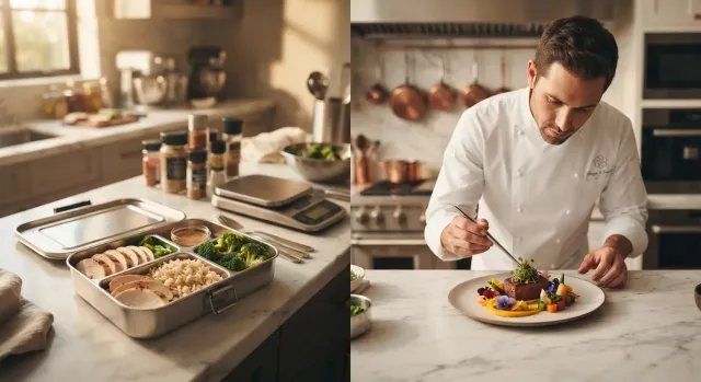 Comparación visual de la preparación de comidas disciplinada frente a la alta cocina nutricional preparada por un chef privado en un entorno de lujo.