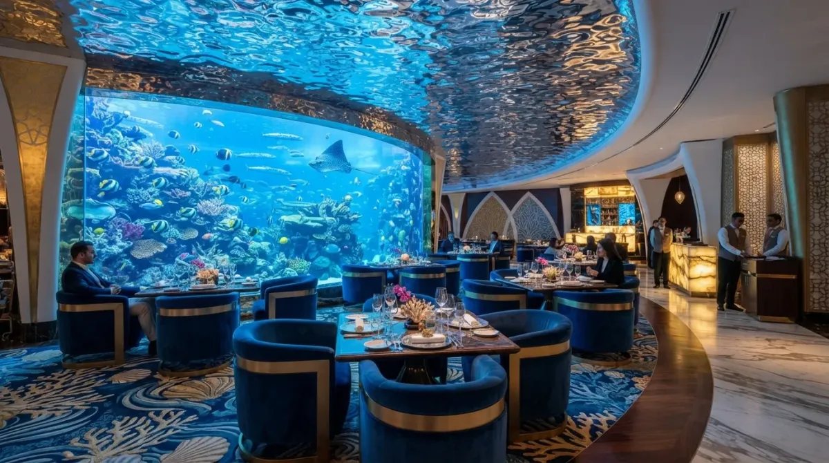 Interior de un restaurante de alta cocina en el Burj Al Arab con vistas a un acuario gigante.