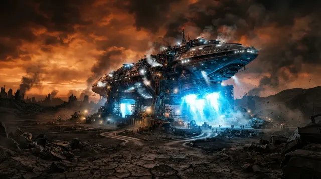 Imagen impactante de una Tierra devastada y una nave espacial interestelar lista para el éxodo, simbolizando el futuro de la humanidad.