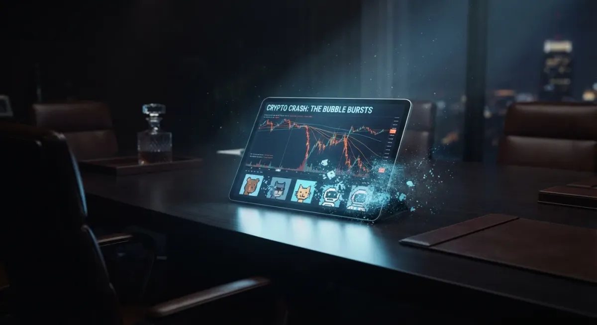 Representación conceptual del declive del mercado de avatares digitales especulativos tras el estallido de la burbuja.