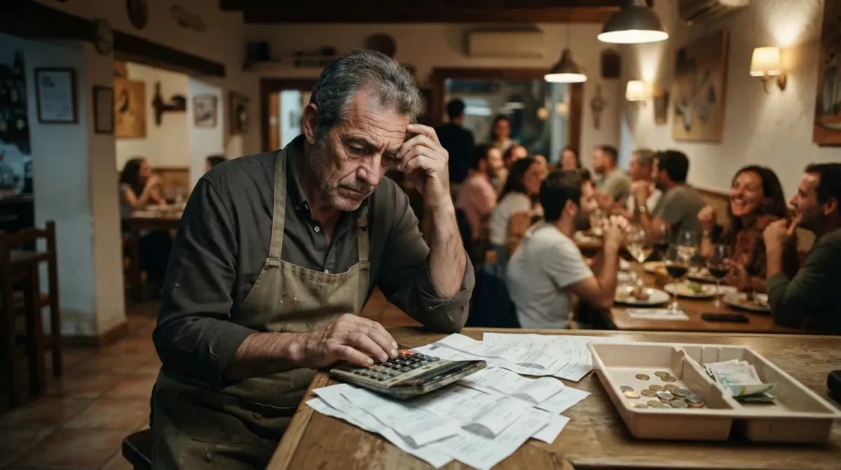 Recreación editorial de un restaurador revisando facturas mientras su comedor está lleno.