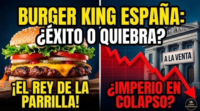 Portada para el artículo de Burger King España, contrastando una Whopper a la parrilla con un gráfico bursátil a la baja y el anuncio de venta de la compañía.