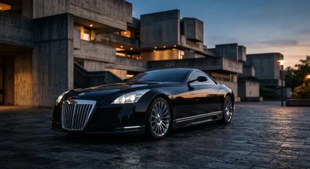 Fotografía frontal del exclusivo Mercedes-Benz Maybach Exelero frente a una villa arquitectónica de diseño brutalista al atardecer.