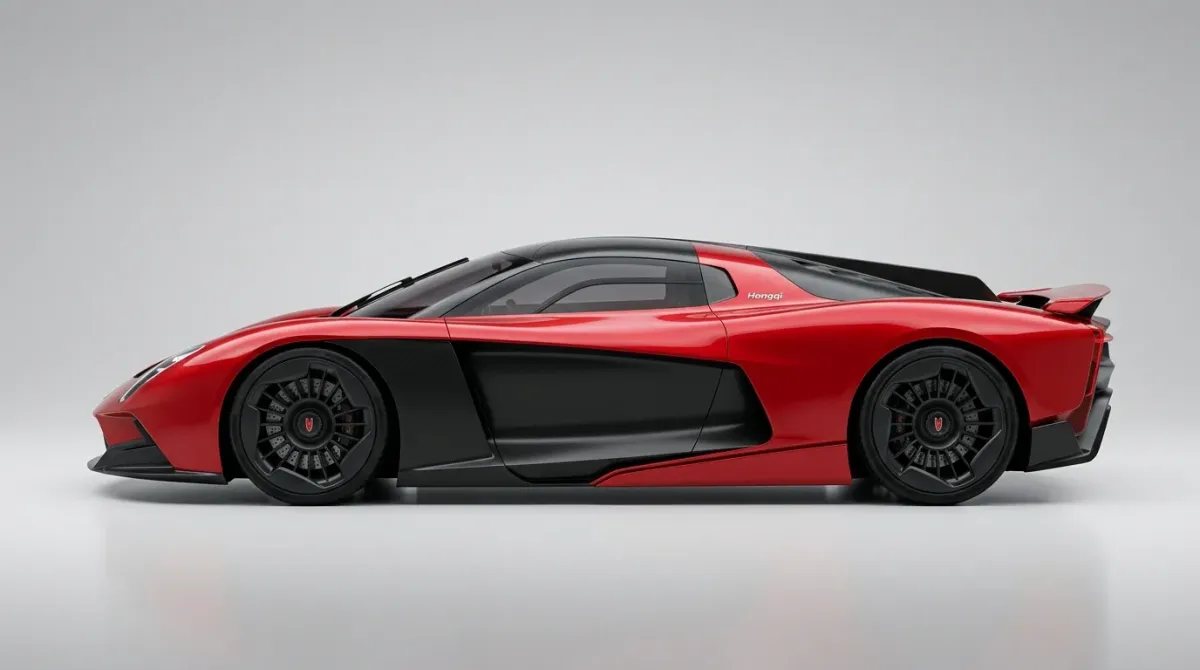 Perfil exacto del hipercoche de producción Hongqi S9 en rojo brillante y fibra de carbono mate sobre fondo gris de estudio.