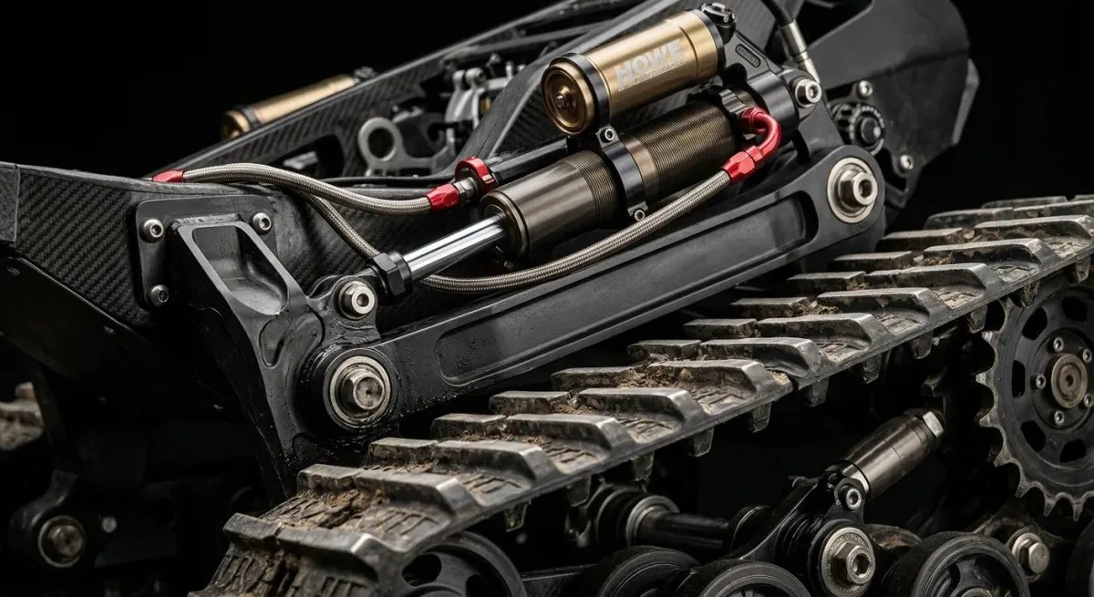 Primer plano macro del sistema de suspensión reforzado, los amortiguadores expuestos y el diseño de los eslabones de las orugas de alto rendimiento del Ripsaw EV3-F1.