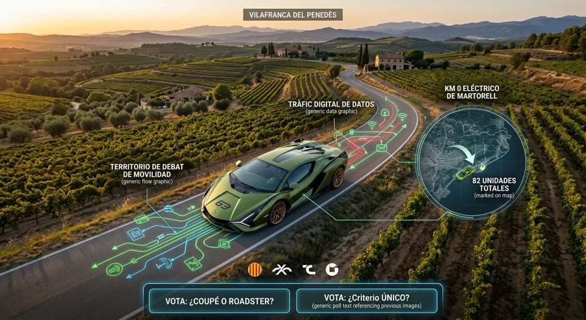 Vista aérea del Lamborghini Sián navegando por viñedos de Vilafranca del Penedès, con infografías sobre movilidad y exclusividad.