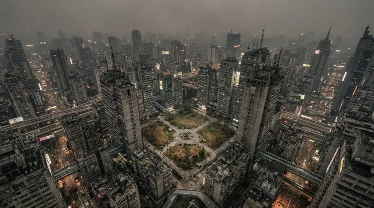 Vista aérea de una megaciudad densa y contaminada, representando el impacto del egoísmo humano y la superpoblación en el planeta.