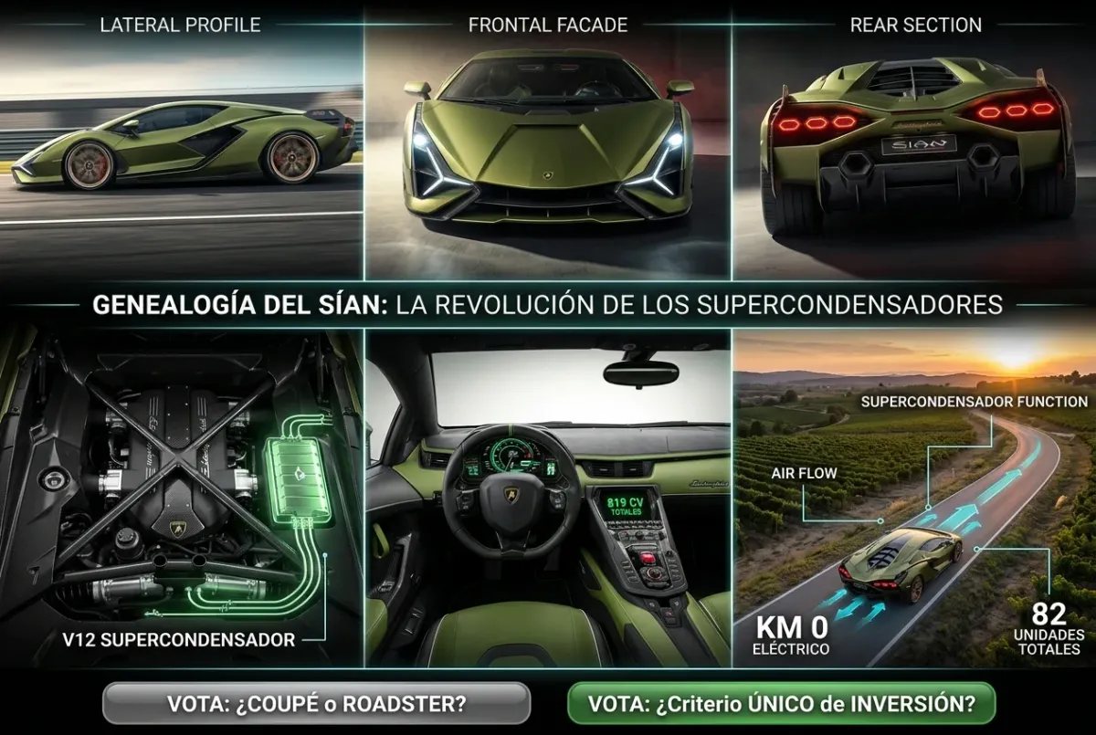 Collage técnico del Lamborghini Sián FKP 37 con vistas lateral, frontal, trasera, motor, interior y aérea, explicando sus supercondensadores.