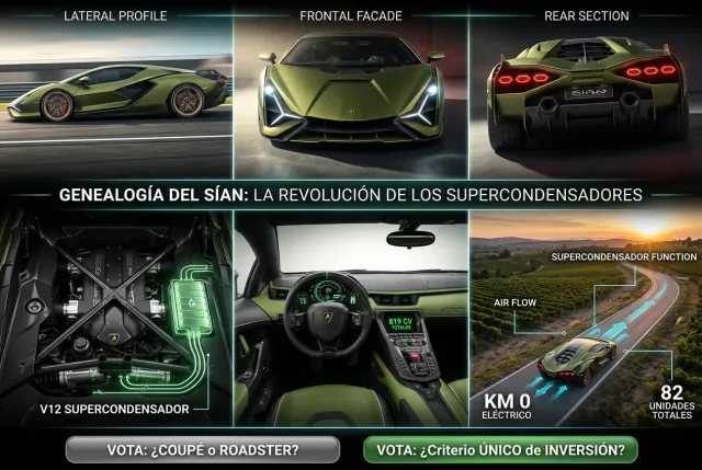 Collage técnico del Lamborghini Sián FKP 37 con vistas lateral, frontal, trasera, motor, interior y aérea, explicando sus supercondensadores.