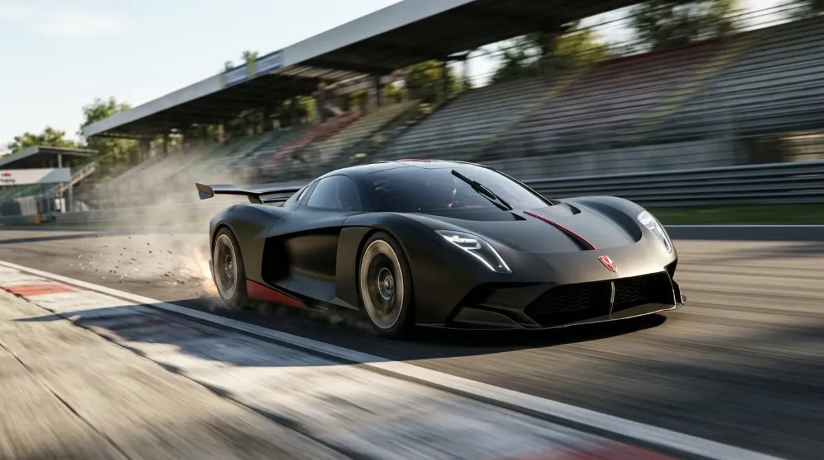 Hongqi S9 rojo de producción en pista de carreras a alta velocidad con efecto de movimiento en el circuito.