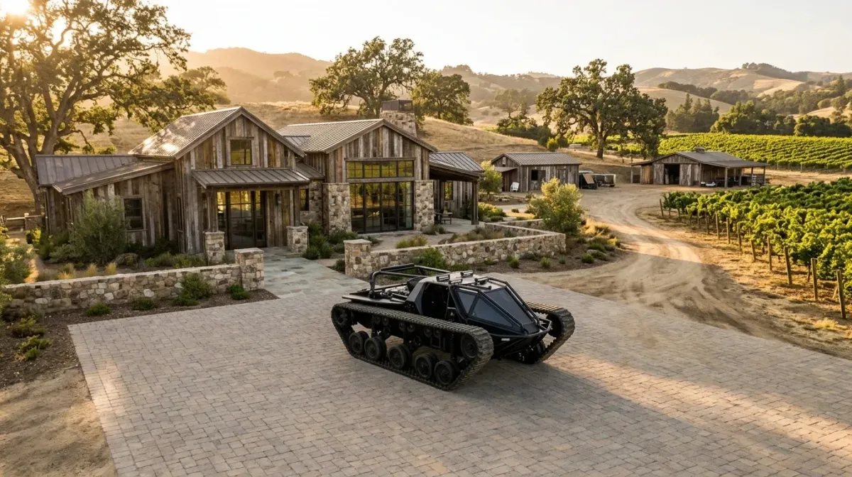 El supertanque personal Ripsaw EV3-F1 estacionado junto a una lujosa residencia de campo de diseño moderno durante la hora dorada del atardecer.