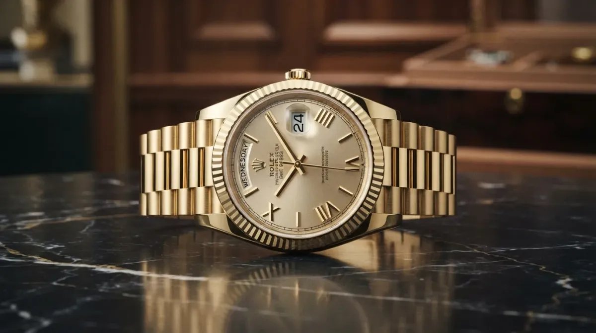 Rolex Day-Date 40 de oro amarillo con esfera champán, símbolo de estatus y poder.