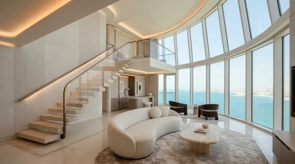 Interior renovado de una suite dúplex en el Burj Al Arab con diseño minimalista y vistas al mar.