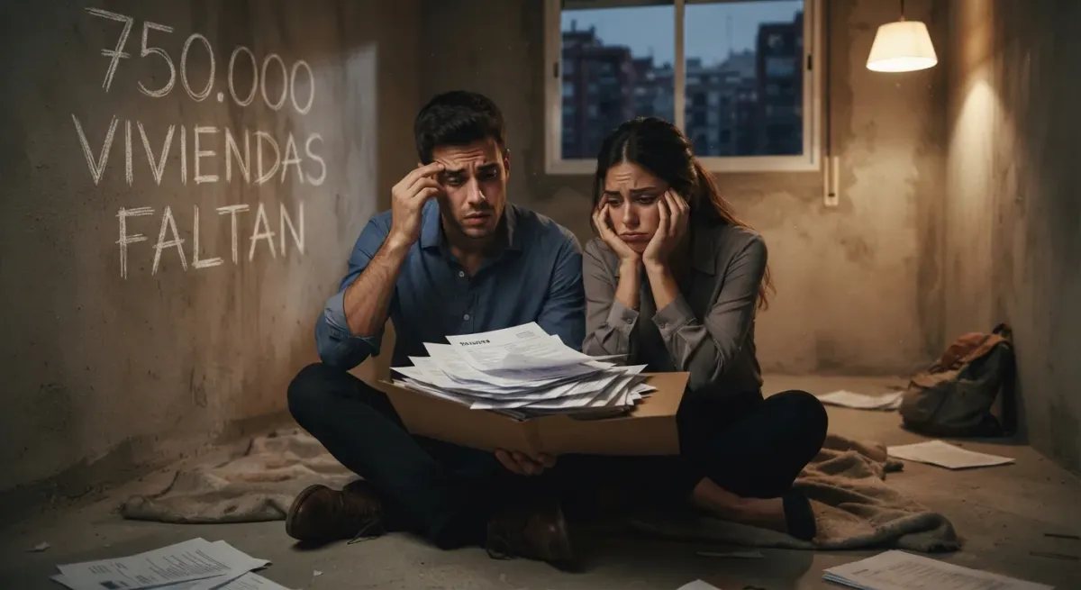 Retrato emocional de una joven pareja agotada sentada en un suelo vacío, con la cifra de 750.000 viviendas faltantes escrita en la pared, representando la dificultad de acceso a la vivienda.