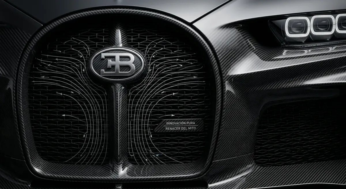 Primer plano extremo de la parrilla de herradura y faro LED del Bugatti Bolide, con infografía de flujo de aire y placas técnicas legibles en español.