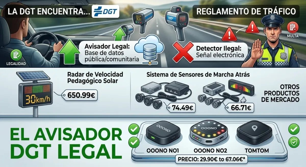 Análisis del TomTom Avisador de Radar, mostrando el dispositivo pequeño, su conexión con la app y sus puntos clave como 'Made in Europe'.
