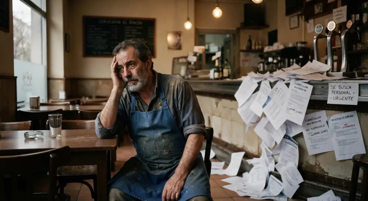 Retrato emocional de un hostelero agotado en su local vacío, con currículums acumulados al fondo, representando la dificultad de encontrar personal.