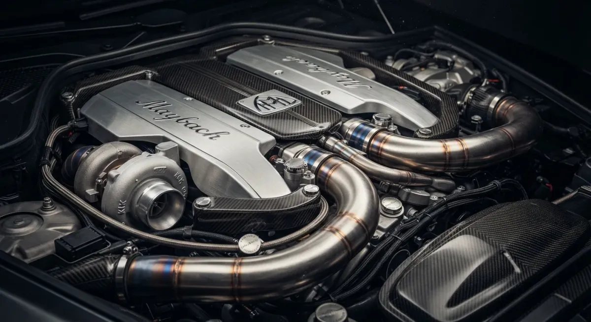 Fotografía de detalle del motor V12 biturbo del Maybach Exelero, destacando su ingeniería de precisión y componentes bajo el capó.