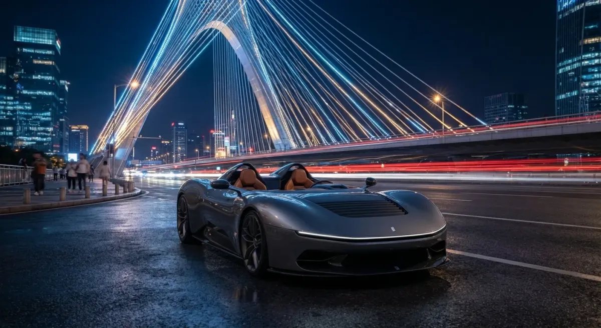 Pininfarina B95 circulando de noche por una gran ciudad bajo la estructura iluminada de un puente.