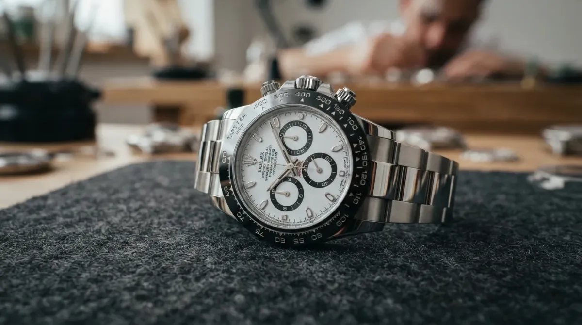 Rolex Daytona Panda de acero con esfera blanca, primer plano mostrando el bisel cerámico y los detalles de la esfera.