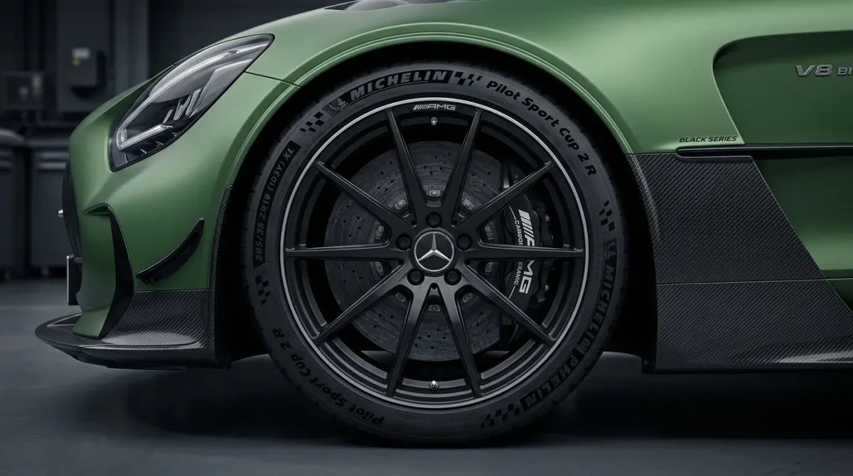 Detalle de la rueda delantera del GT Black Series, con freno cerámico y splitter de carbono.